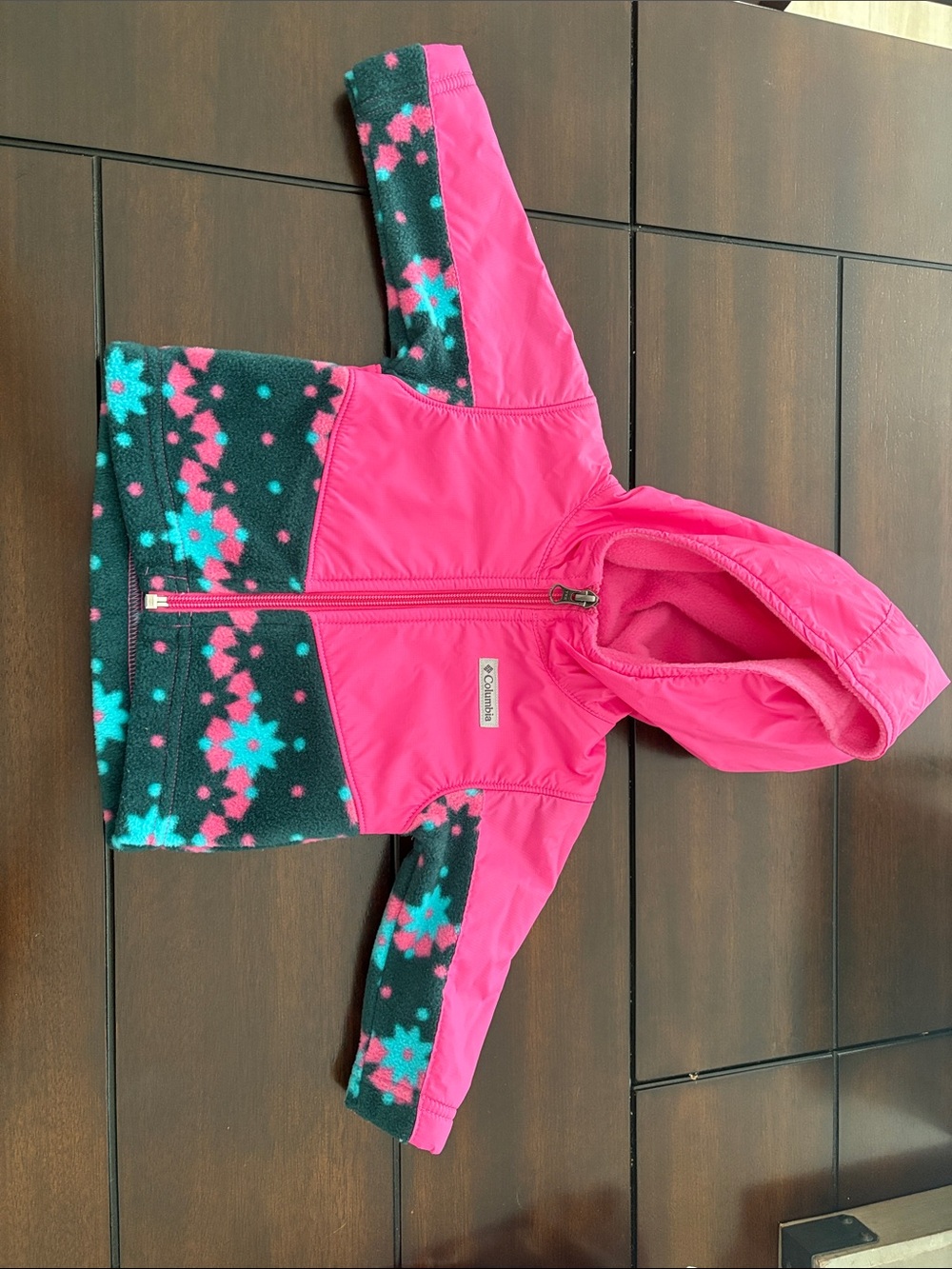 Columbia Bright Pink Hooded Jacket with Teal & Navy Snowflake Accents